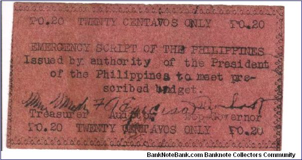 S-122 Emergency Script of the Philippines 20 centavos note. I will trade this note for notes I need. Banknote