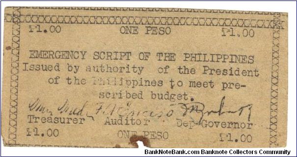 S-124 Emergency Script of the Philippines 1 Peso note. I will trade this note for notes I need. Banknote