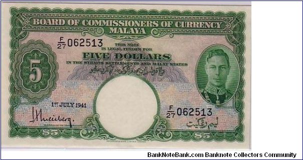 MALAYA-
 $5 KGVI Banknote