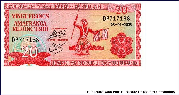 20 Francs 
Red/Blue
Sig Le Gouverneur
Le 2eme Vice Gouverneur
Native dancer
Coat of arms
Security thread Banknote