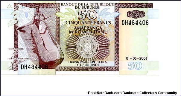 50 Francs
Green/Brown
Man in dugout canooe 
Fishermen & Hippopotamus 
Security thread Banknote