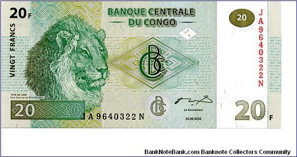 20 francs
Green
Male Lion's head 
Lioness lying with two cubs 
Security thread 
Wtmark Okapi? Banknote