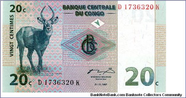 20 Centime
Green/Blue/Red 
Waterbuck 
Waterbuck herd by tree Banknote