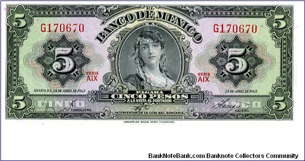 5 Pesos
Gray/Green/Purple/Blue 
24.IV.1963
Gypsy Lady
Statue of Victory Banknote