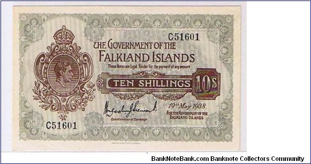 FALKLAND ISLANDS=
 10/- KGVI Banknote