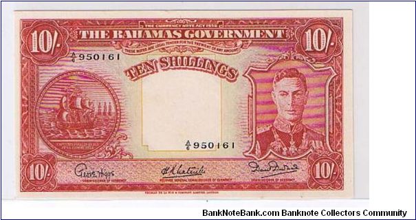 THE BAHAMAS GOVERNMENT- 10/-
 KGVI Banknote