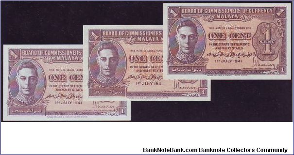 1941 Malaya 1 Cent: 3 Colour Varieties Banknote