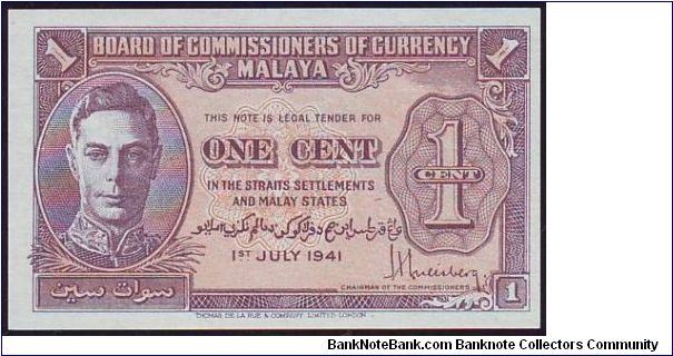 1941 Malaya 1 Cent Dot Variety Banknote