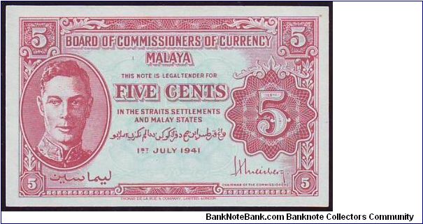 1941 Malaya 5 Cents Variety B & C Banknote