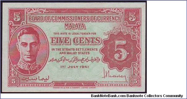 1941 Malaya 5 Cents Variety B & E Banknote