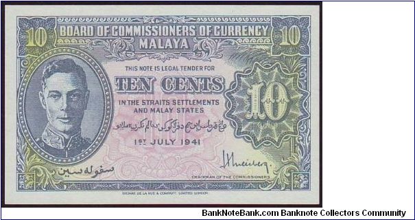 1941 Malaya 10 Cents Variety C Banknote