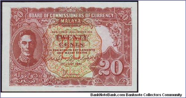 1941 Malaya 20 Cents Variety B & C Banknote