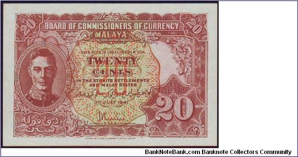 1941 Malaya 20 Cents Variety B & C: Unlisted Banknote