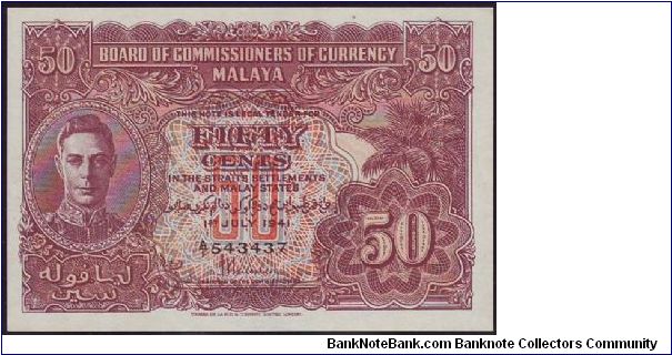 1941 Malaya 50 Cents Variety A & A A/1 Prefix Banknote
