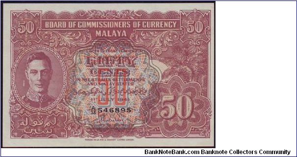 1941 Malaya 50 Cents Variety B & D Portrait Error Banknote
