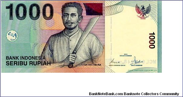 1000 Rupiah 
Green/Blue/Pink
Captain Pattimura holding machetee (real name - Thomas Matulesi)
Maitara and Tidore islands in Maluku (Moluccas) & fishing scene
Wtmrk Woman Banknote