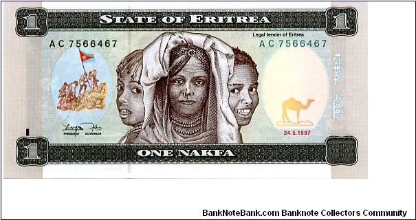 One Nakfa
Brown/Green 
Fighters raising flag, 3 Girls, Camel
Camel & children in bush school
Security thread
Wtrmrk Camel Banknote