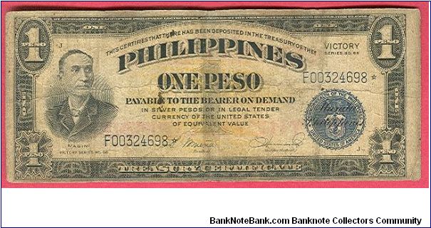 One Peso Victory series 66 with Central Bank Overprint Starnote P-117a. Banknote