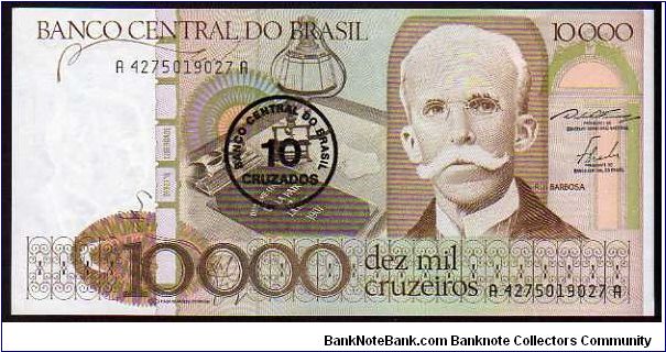 10 Cruzados__
Pk 206__
Ovpt on 10'000 Cruzeiros__sign. Dilson Domingos Funaro & Fernão Carlos Botelho Bracher Cruzeiros__


 Banknote