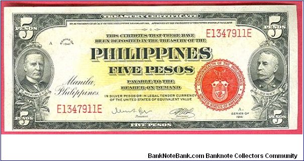 Five Pesos Treasury Certificate released to the Navy Department as Aviators' Emergency Money Packets P-91c (2 of 3 consecutive notes) Rare. Banknote