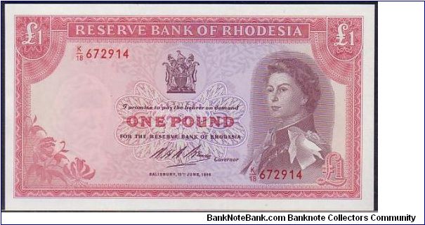 REVERSE BANK OF RHODESIA-
 ONE POUND A HARD TO FIND NOTE Banknote