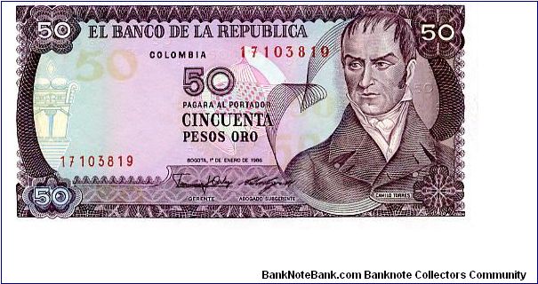 50 pesos
Purple/Yellow/Aqua 
1/1/86
Camilo Torres
Arms & columbian orchids Banknote