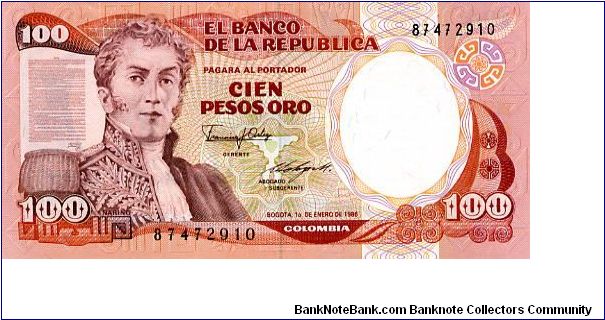 100 Pesos 
Orange
Gen Antonio Narino & Declaration of Indipendence
Liberty head & Villa de Leyva (Boyaca)
Wtrmrk Gen A Narino Banknote