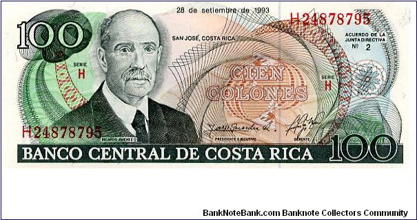 100 Colones
Multi
Ricardo Jimenez 
Supreme court building
Security thread
ABNC Banknote