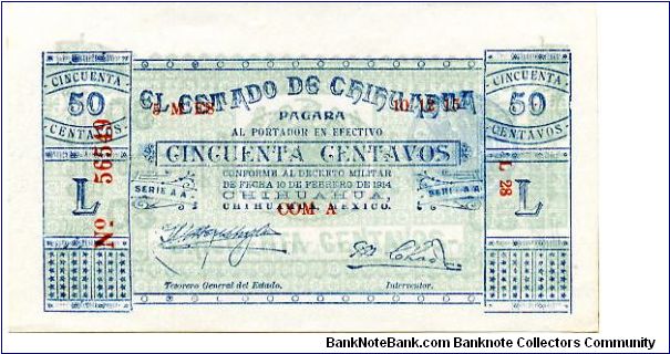Chihuaua 
Millitary note 
50 Centevos
Aqua/Red/Green
Value & writing
Value & Mexican state seal in green & blue Banknote