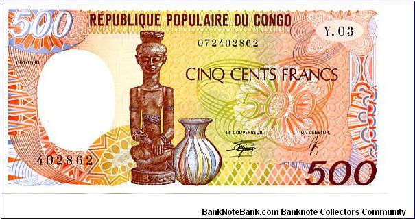 Republic Popular
500 Francs
Multi
Carving & jug 
Man carving mask 
Security thread
Wtmrk Statue Banknote