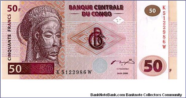 50 Francs
Purple/Orange
Native in headdress & nask
Village scene
Security thread
Wtmrk Okapi Banknote
