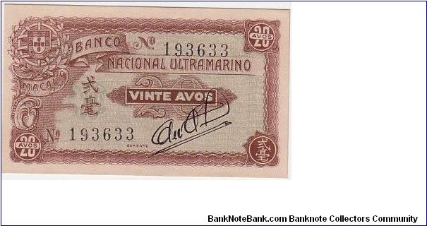 MACAU-
 20 CENTS/AVOS Banknote