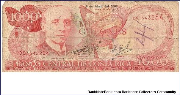 1000 colones; April 9, 2003; Series D Banknote