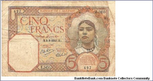 5 francs; 1941 Banknote