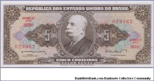 1962-63 REPUBLICA DOS ESTADO UNIDOS DO BRASIL 5 *CINCO* CRUZIROS



P176 Banknote