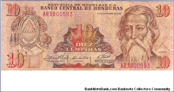 10 lempiras; September 21, 1989 Banknote