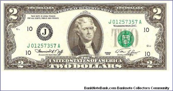 Federal Reserve Note; 2 dollars; Series 1976 (Neff/Simon) Banknote