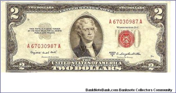 United States Note; 2 dollars; Series 1953B (Smith/Dillon) Banknote