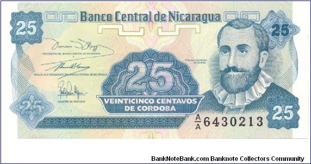 1991-92 BANCO CENTRAL DE NICAGRAGUA 25 *VEINTICINCO* CENTAVOS

P170 Banknote