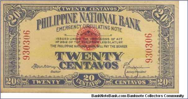PI-40 Philippine National Bank 20 centavos note in series, 2 - 2. Possible counterfeit. Banknote
