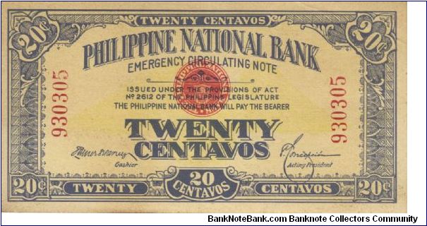 PI-40 Philippine National Bank 20 centavos note in series, 1 - 2. Possible counterfeit. Banknote