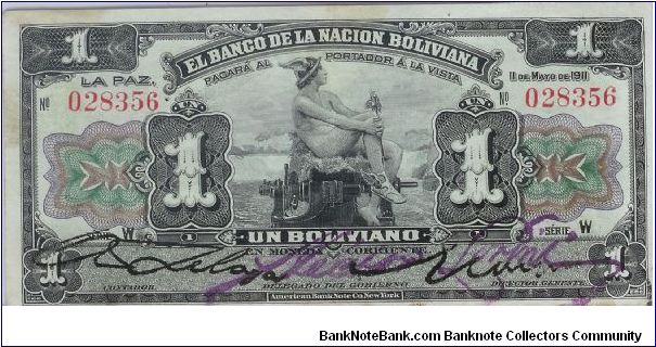 1911 EL BANCO DE LA NACION BOLIVIANA 1 *UN* BOLIVIANO


**RARE LOOKS LIKE 2 SETS OF SIGNATURES** Banknote