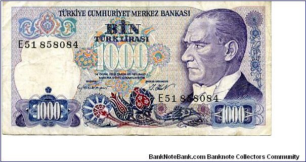 1000 Lirasi
Purple/Blue
Series E
President Kemil Atatürk
Istanbul; Fatih Sultan Mehmet
Security thread
Wtrmk Kemil Atatürk Banknote