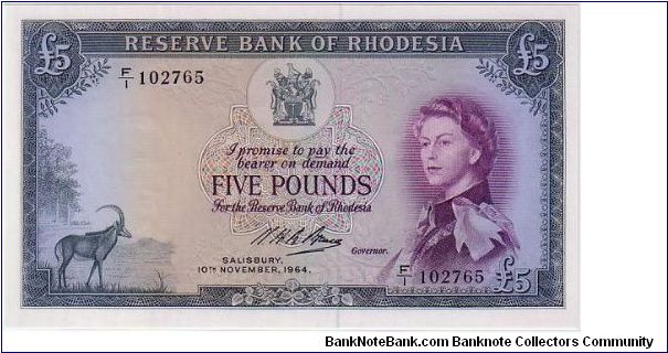 RESERVE BANK OF RHODESIA=
 5 POUNDS
A SCARCE NOTE Banknote