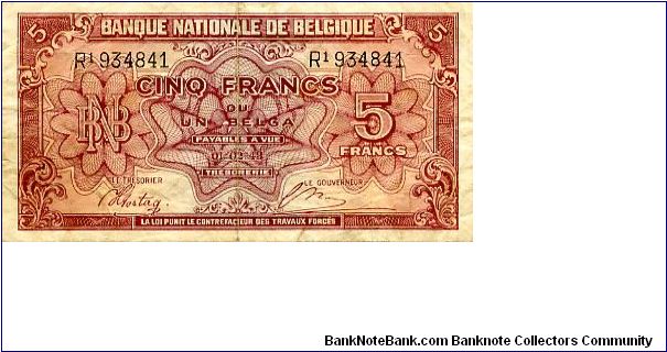 5 Francs
Red
Geometric design & value in French
Geometric design & value in Dutch Banknote