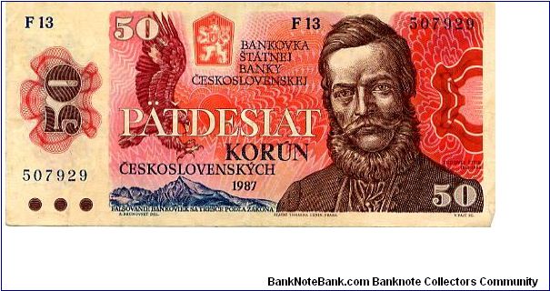 Czechoslovakia

50 Korun
Red/Blue/Green
Eagle, mountains & Ludovit Stur
View of Bratislava
Wtrmk Stars & leafs Banknote