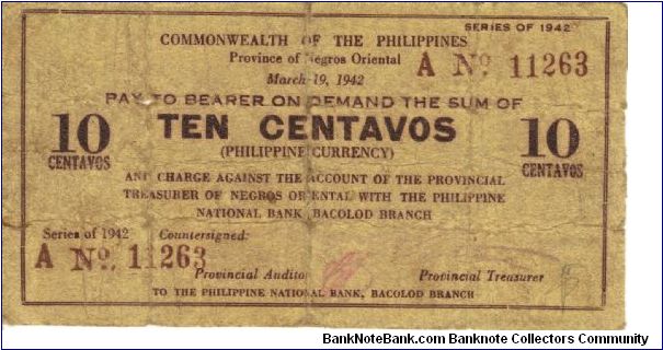 S-652 Negros Oriental 10 centavos couponized note. Banknote