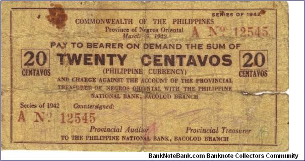 S-653 Negros Oriental 20 centavos couponized note. Banknote