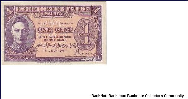 MALAYA- 1CENT
UNIFACE Banknote