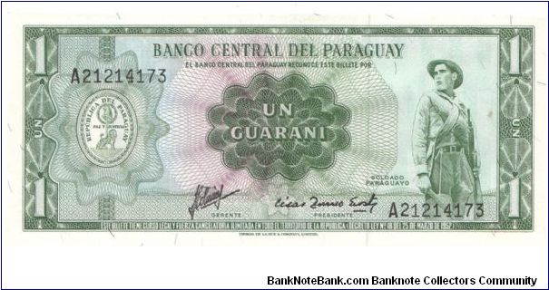 1952 BANCO CENTRAL DEL PARAGUAY 1 *UN* GUARANI

P193b Banknote